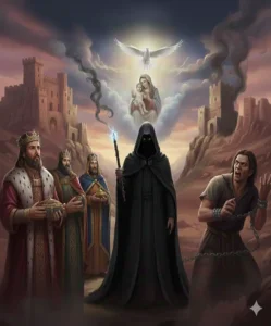 Le Voyageur du temps, avec les trois Rois Mages, bébé Jésus Christ dans les bras de la Sainte Vierge et l'hérétique, le Menaceur